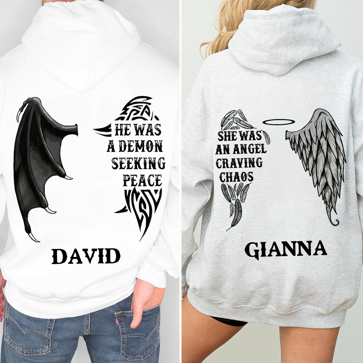 Personalized Demon Angel Love Couple Pullover Hoodie