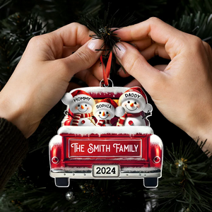 Personalized Snowman Family Acrylic Christmas Ornament, Red Truck Custom Name