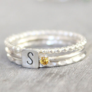 Personalized Birthstone Ring with Initials Stacking Rings - Mother's Rings