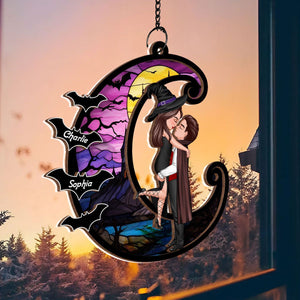 Halloween Couple Hugging Kissing On Moon - Personalized Window Hanging Suncatcher Ornament