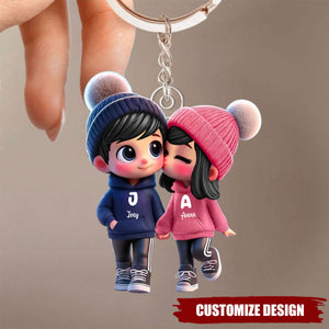 Cute Cartoon Couple Walking Personalized Car Keychain, Gift for him, her