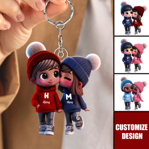 Cute Cartoon Couple Walking Personalized Car Keychain, Gift for him, her