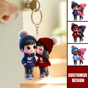 Cute Cartoon Couple Walking Personalized Car Keychain, Gift for him, her