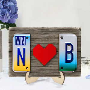 Custom License Plate Initials Couple with Red Heart Personalized Wooden Plaque