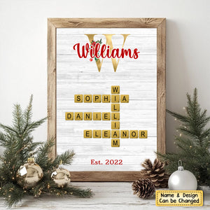 Personalized Christmas Glitter Family Name Crossword Puzzle Art Poster