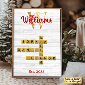 Personalized Christmas Glitter Family Name Crossword Puzzle Art Poster