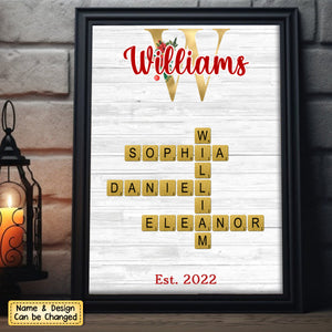 Personalized Christmas Glitter Family Name Crossword Puzzle Art Poster