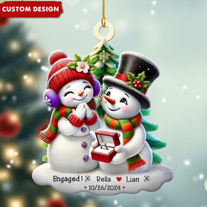 Engagement Snowman Couple Personalized Ornament, Christmas Gift For Newly Engaged Couple