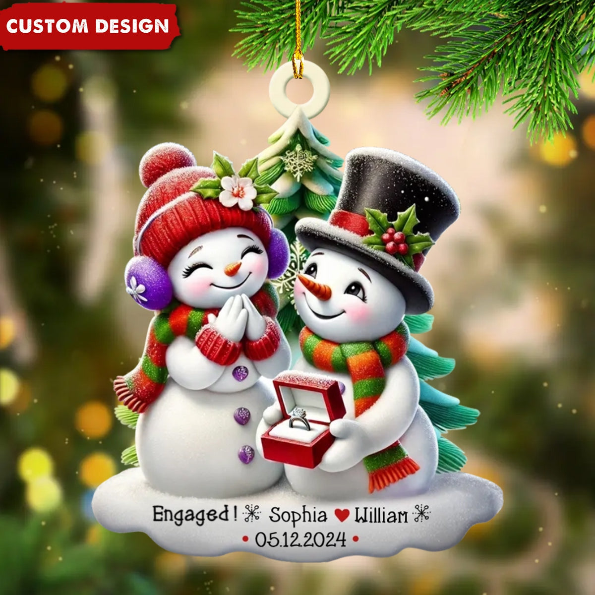 Engagement Snowman Couple Personalized Ornament, Christmas Gift For Newly Engaged Couple