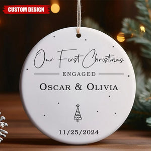 Engagement Ornament - Our First Christmas Engaged Bauble, Custom Name Ceramic Ornament