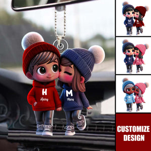 Cute Cartoon Couple Walking Personalized Car Ornament, Gift for him, her