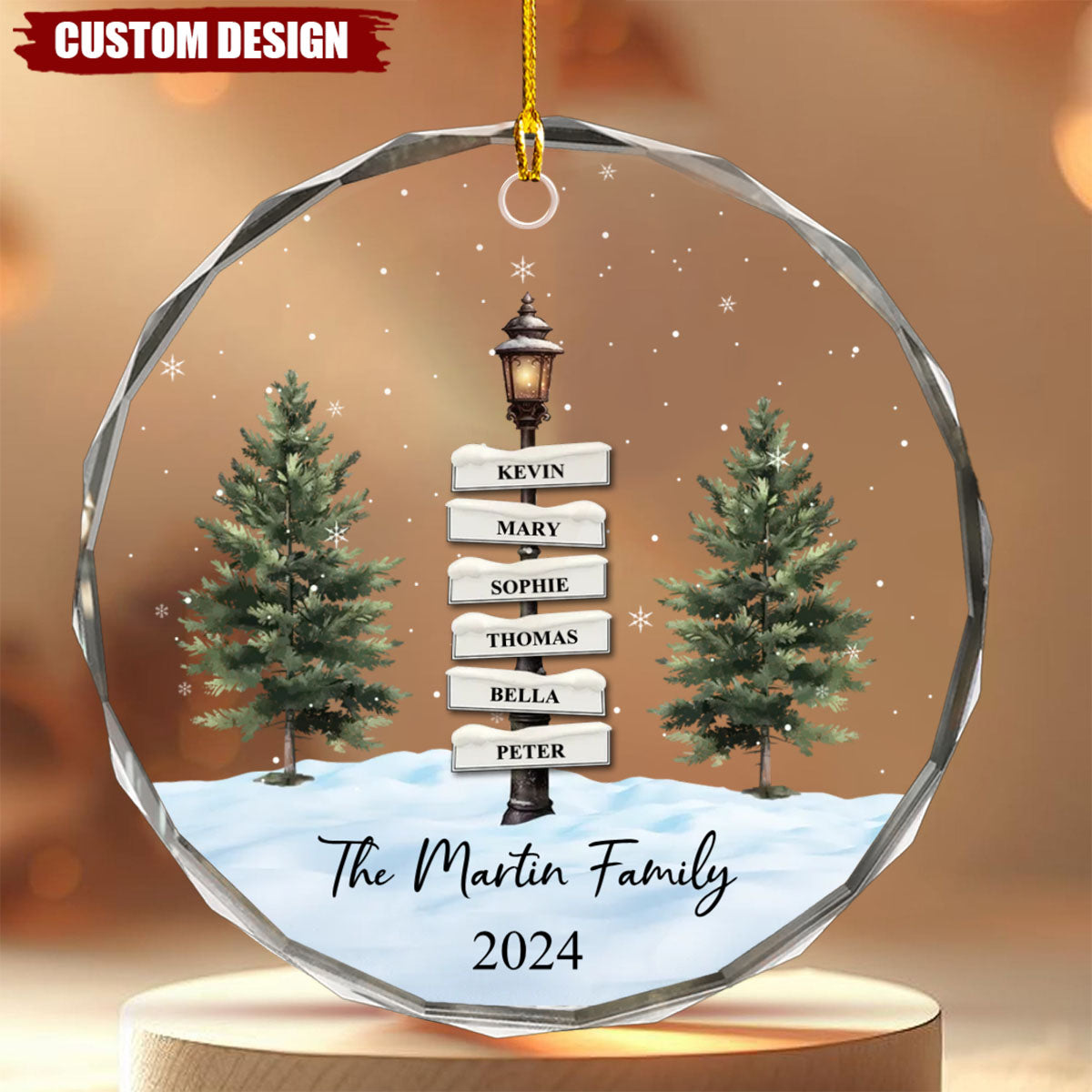 Vintage Family Lamp Post Signs - Personalized Christmas Glass Ornament