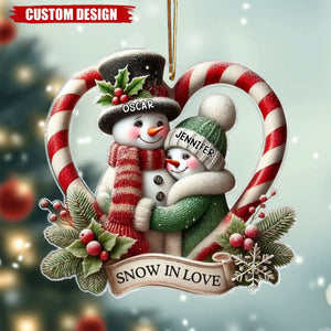 Snowman Couple First Christmas - Candy Cane Heart Personalized Acrylic Ornament