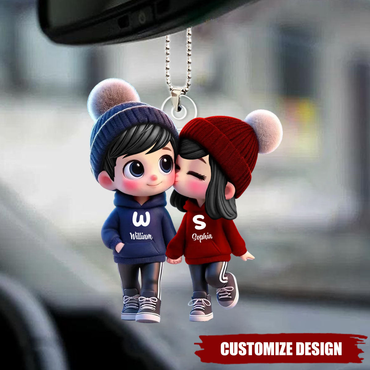 Cute Cartoon Couple Walking Personalized Car Ornament, Gift for him, her