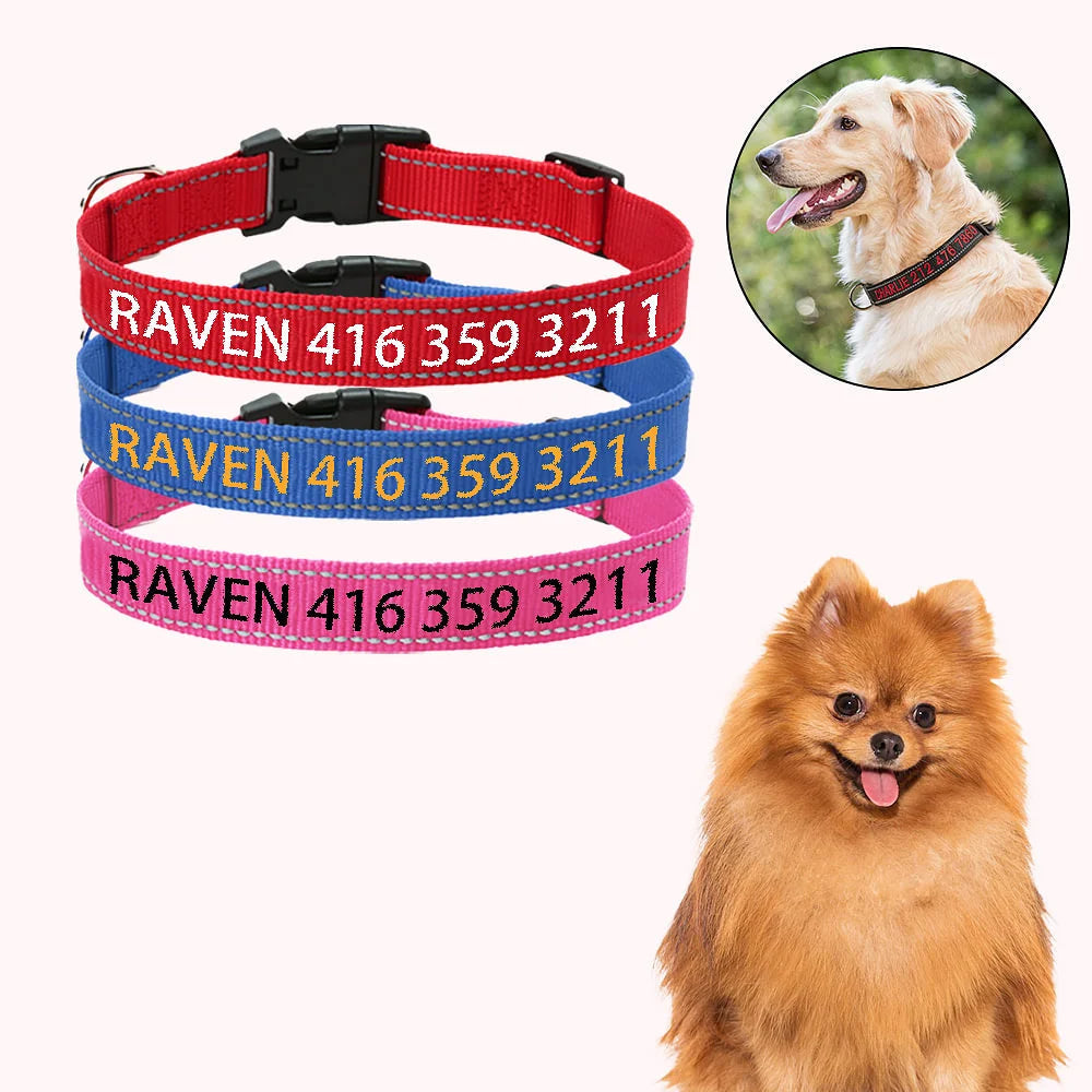 Personalized Multicolor Adjustable Reflective Strips Dog Collar with Embroidered Pet Name and Phone Number