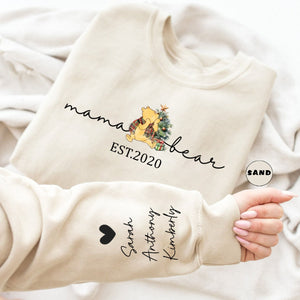 Personalized Christmas Mama Bear Est Sweatshirt with Kid Names on Sleeve