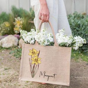 Personalized Birth Flower Beach Jute Tote Bag