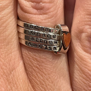 Personalized Mothers Rustic Stacking Rings with Heart