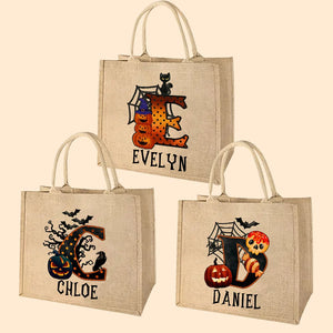 Personalized Pumpkin Bat Spider Web Trick Or Treat Jute Tote Bag Halloween A Gift For A Child