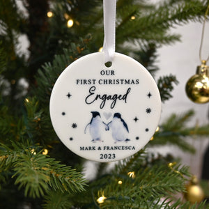 Engagement Ornament Gift - First Christmas Engaged Bauble, Penguin Custom Name Ceramic Ornament