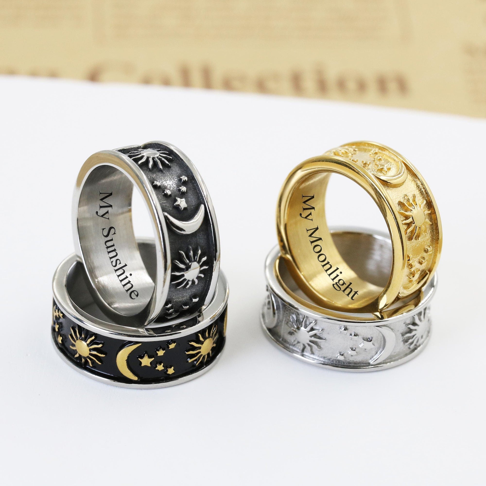 Personalized Sun Moon Star Ring For Couple, BBF, Engraved Vintage Rings