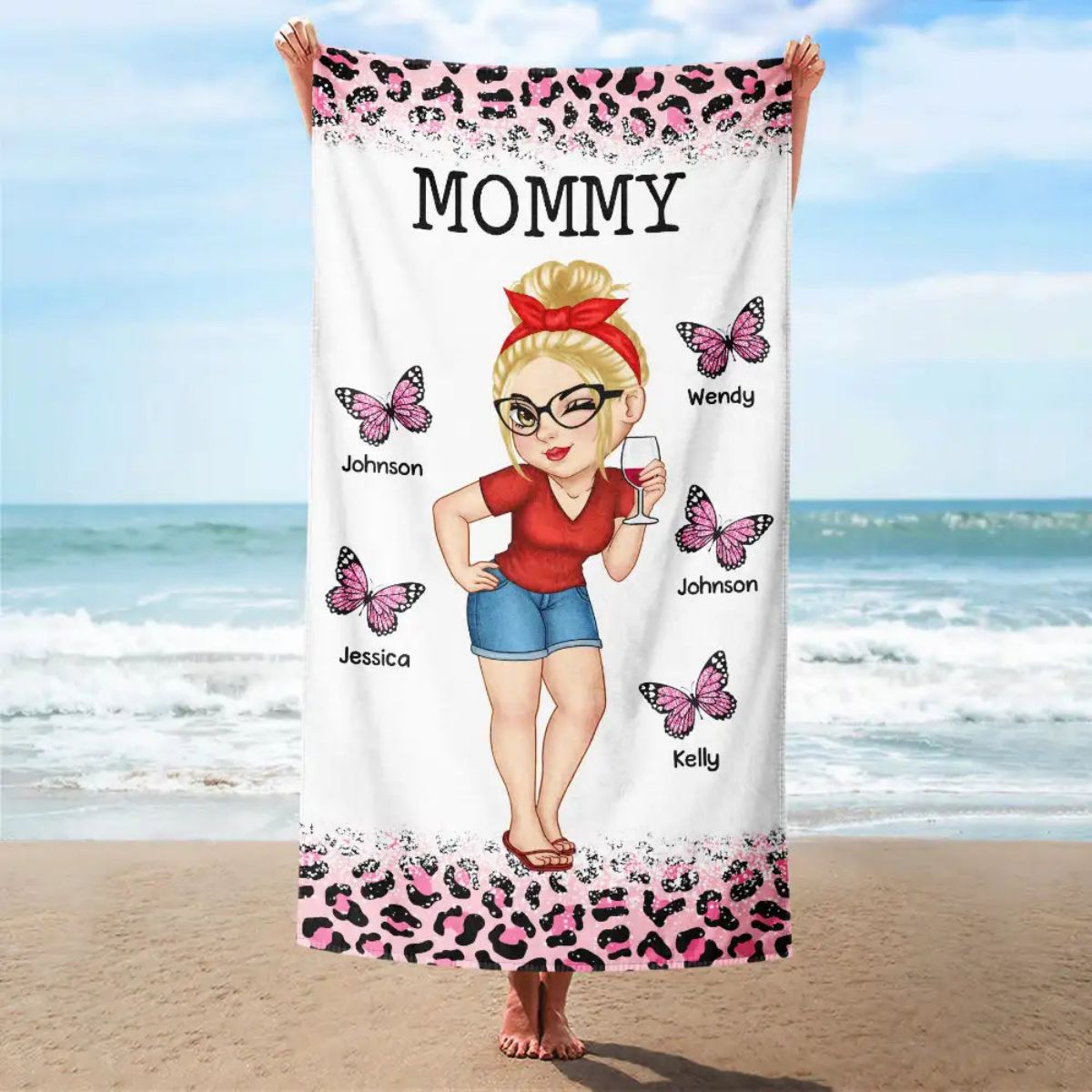 Personalized Soft Beach Towel - Butterflies Leopard Print Girl - Gift For Mom, Grandma, Kids