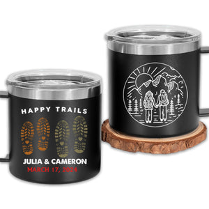 Happy Trails Adventure Awaits Hiking Camping Couple Gift - Personalized 14oz Stainless Steel Tumbler With Handle