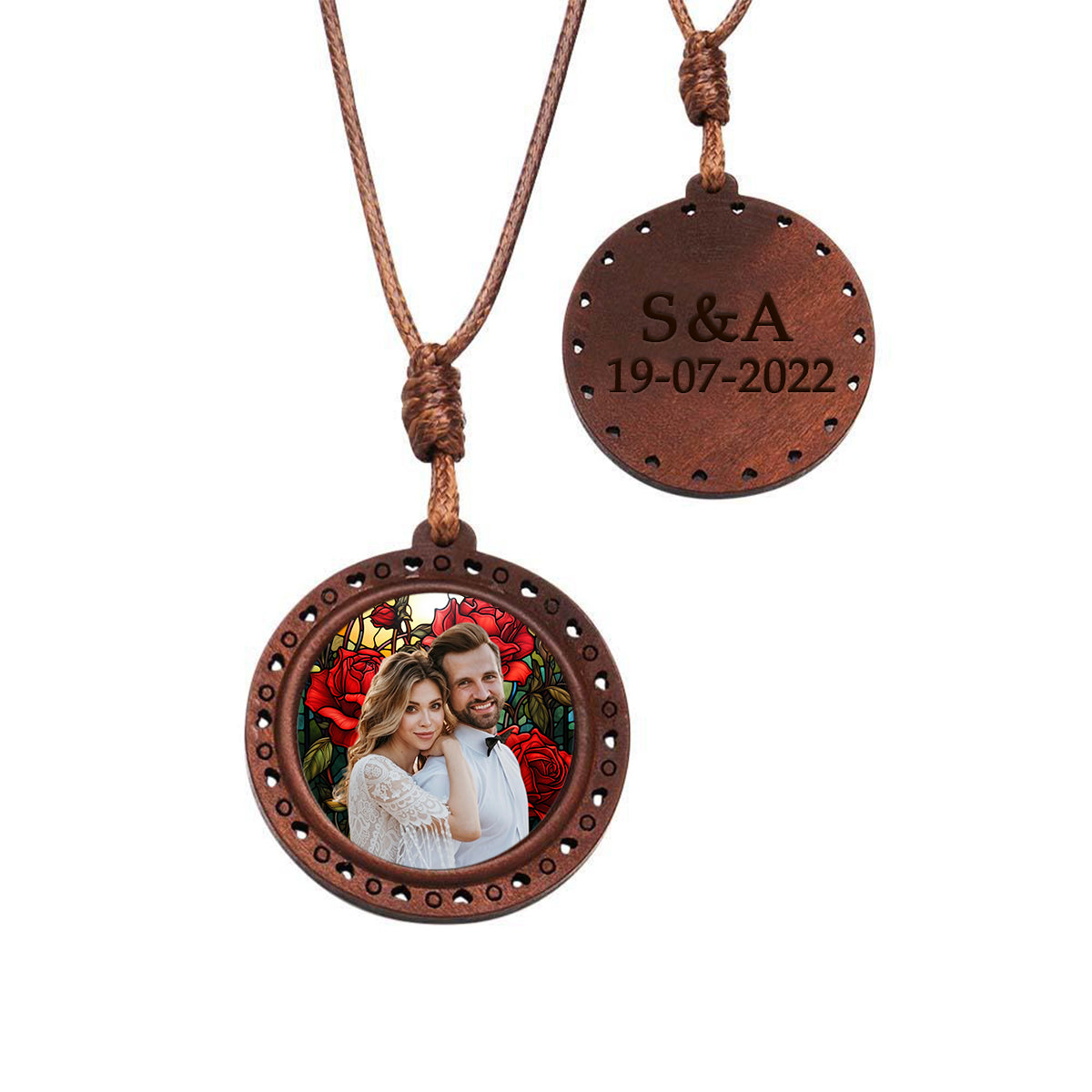 Custom Photo Stained Glass Background Personalized Wooden Necklace