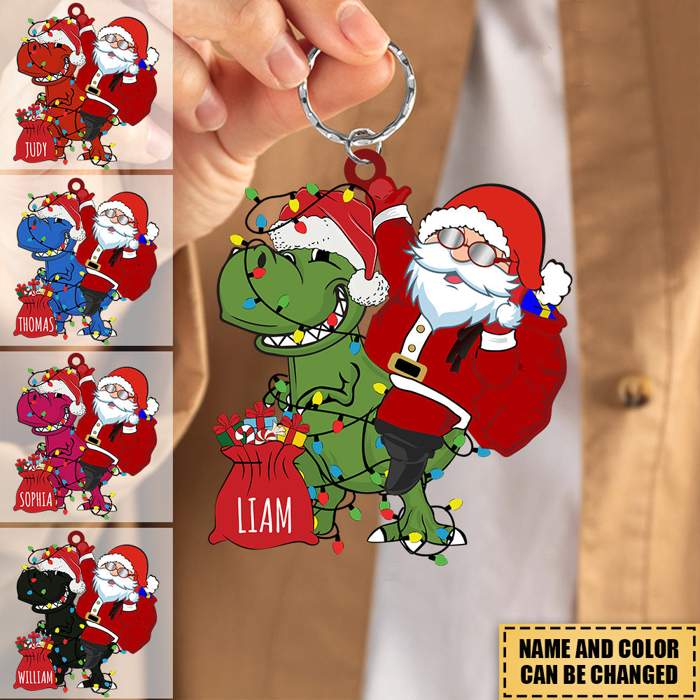 Personalized Acrylic Keychain-Santa Claus riding a dinosaur