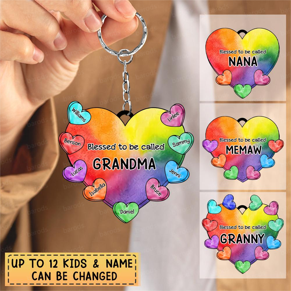 Personalized Blessed To Be Called Grandma Colorful Heart With Kid'S Name Acrylic Keychain Printed